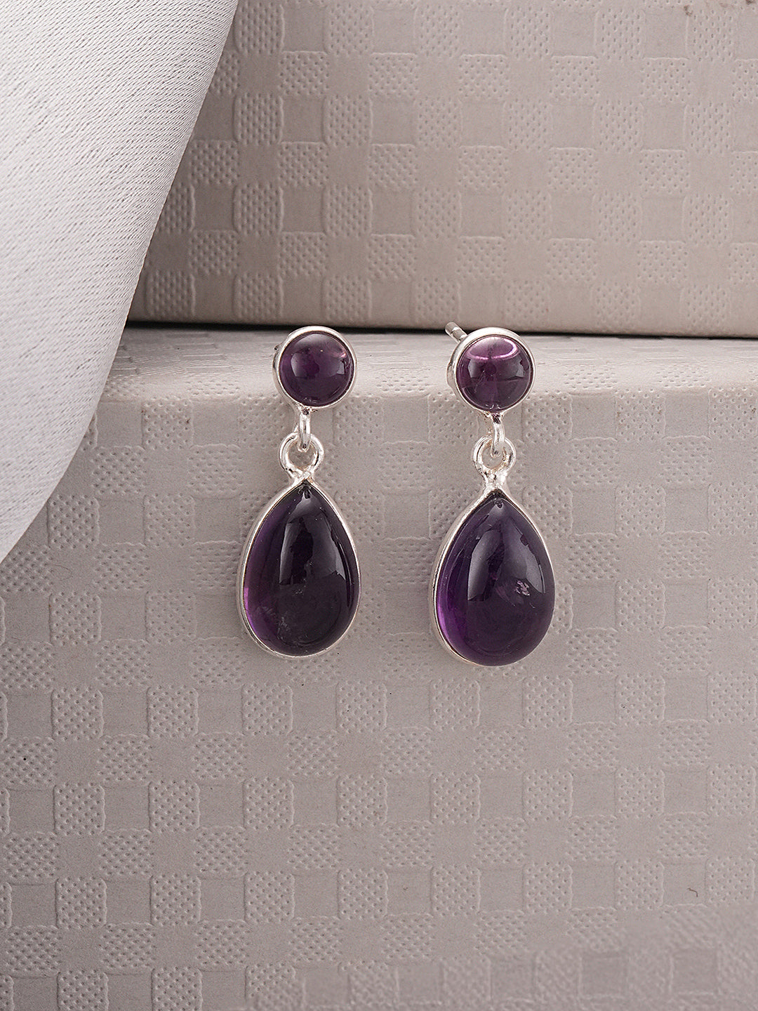 925 Sterling Silver Rhodium Natural Amethyst Gemstone Minimal  Handcrafted  Drop Earrings